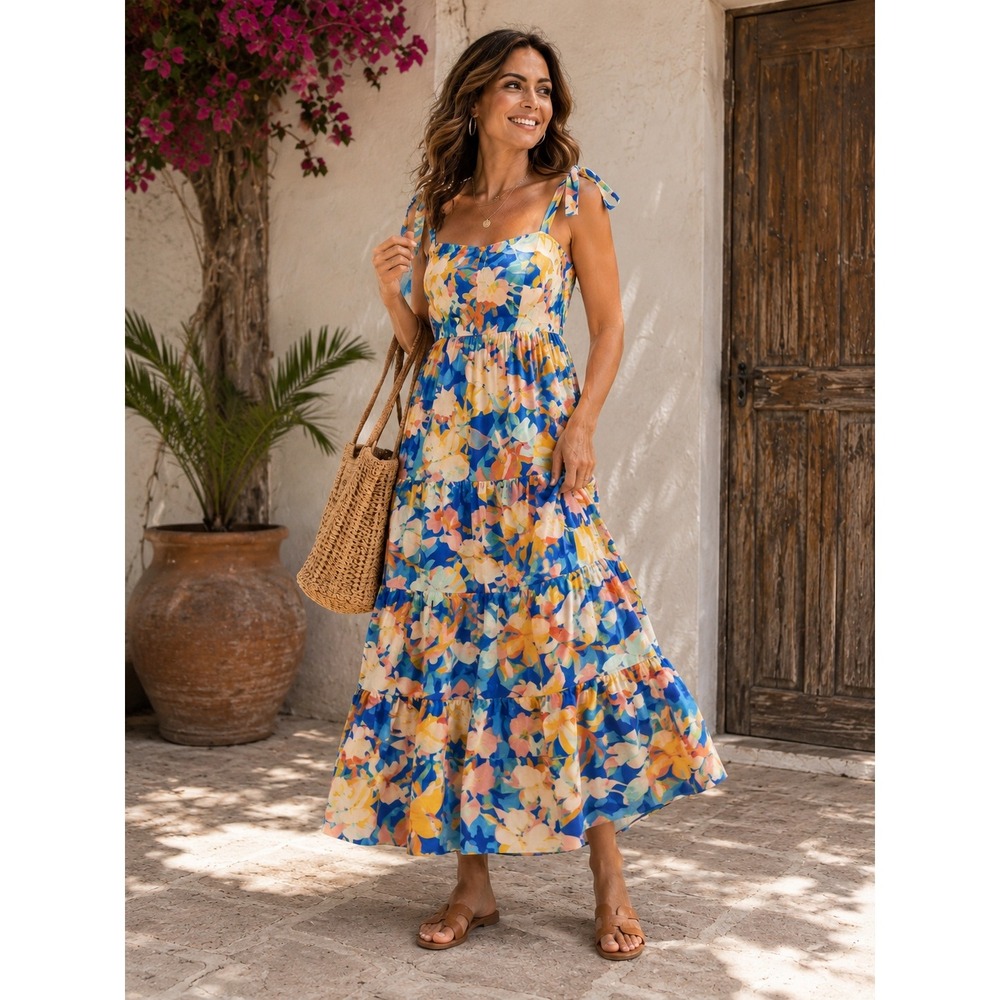 PrettyGarden Maxi Dress Womens L Blue Yellow Floral Tiered Boho Sundress Beach